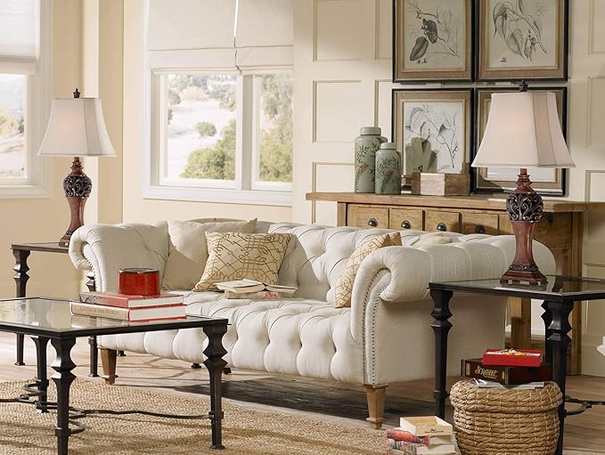 Regency Hill Exeter Traditional Style Table Lamps 30" Tall Full Size Set of 2 Bronze Wood Carved Leaf Creme Rectangular Bell Shade Decor for Living Room Bedroom House Bedside Nightstand Office