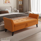 Furniliving 51 Inch Storage Bench for Living Room, Upholstered Bench Ottoman with Velvet Fabric, Modern Entryway Bench with Woodern Legs for Bedroom, Living Room, Shoe Storage & Seating, Orange