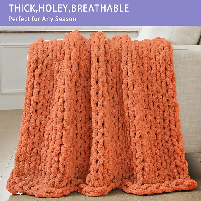 Bigacogo Chunky Knit Throw Blanket for Couch, 40x40 inches, 100% Hand Knitted with Thick Jumbo Chenille Yarn, Cozy Soft Large Rope Knot Cable Crochet Blankets for Sofa Bed Living Room, Terracotta
