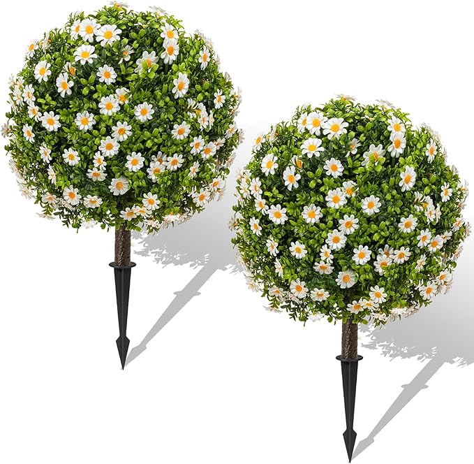 25" Artificial Boxwood Topiary Ball Trees with Daisy Flowers, Set of 2 UV Resistant No Fade Outdoor Faux Plants with Ground Spike, Fake Shrubs for Garden, Patio, Porch, Yard, Indoor Decor
