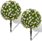 25" Artificial Boxwood Topiary Ball Trees with Daisy Flowers, Set of 2 UV Resistant No Fade Outdoor Faux Plants with Ground Spike, Fake Shrubs for Garden, Patio, Porch, Yard, Indoor Decor