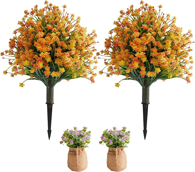 Artificial Monkey Grass Stem with Orange-Red Flowers, Set of 2 Faux Evergreen with Metal Spike, UV Resistant Realistic Faux Shrubs for Garden, Yard, Patio, Porch Outdoor Decor