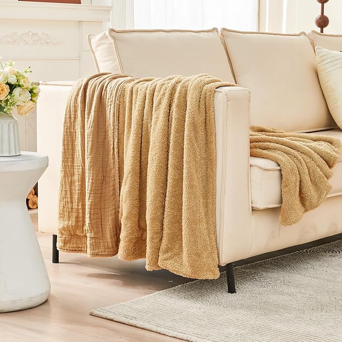 EMME Muslin and Fleece Twin Blanket Reversible - 60"*80" Beige Soft Warm Throw Blankets for Couch Bed Picnic Travel Bed