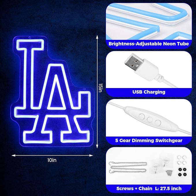 LA Baseball Neon Sign, Los Angeles Cool Light Up Dimmable LA Team Logo Hanging Led Neon Sign for Baseball Wall Decor Art, Bedroom, Party, Man Cave, Garage, Birthday Christmas Gift for Baseball Fans