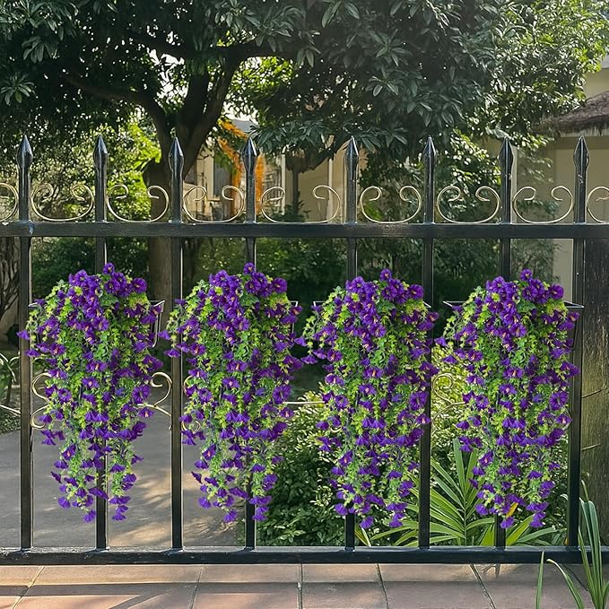 Artificial Hanging Flowers – 4 Pack UV Resistant Fake Morning Glory Vine Faux Plants for Porch, Patio, Balcony, Garden, Indoor & Outdoor Decor (Purple)