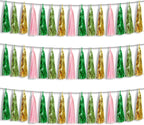 3P Sage-Green Pink-Gold Foil Fringe Metallic Tassel Garland, Tassels Banner Streamers for Parade Floats, Bachelorette, Wedding, Birthday, Halloween, Christmas, Bridal/Baby Shower Party Decorations