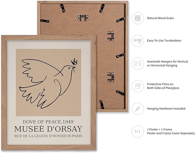 Poster Master Vintage Poster - Retro Minimalist Print - Gift for Artist, Friend - Dove Of Peace, Line Drawing, Sketch, Abstract - Wall Decor for Living Room, Bedroom, 16x20 Beige Framed