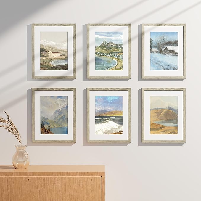 Vittanly 11x14 Picture Frames Set of 9, Shatter Resistant Plexiglass, Display 8x10 Pictures with Mat or 11x14 without Mat, Photo Frames for Wall or Tabletop, Engineered Wood, Driftwood