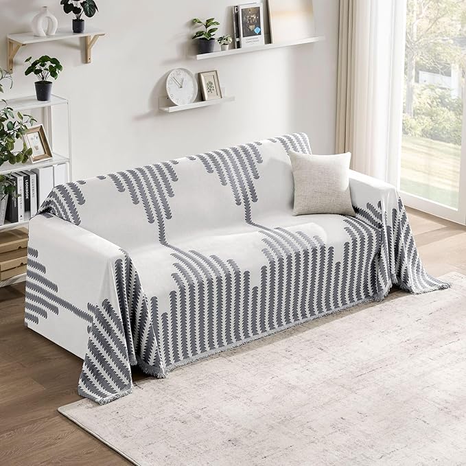 Couch Cover Boho for Dogs Washable Grey Couch Covers for 2 Cushion Couch, Chenille Sectional Couch Covers L Shape Sofa Cover, Furniture Protector for Kids, Pets, Grey 91" X118"