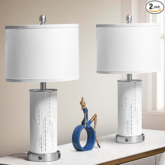 Ceramic Engraved Translucent Light Decorative 25" Table Lamps Set of 2 with Nightlight,E26 Socket&Rotary Switch,USB A+C Ports,Modern Bedside Lamps for Nightstand,Bedroom(Bulbs Included)