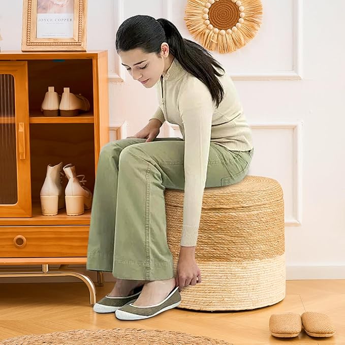 Wimarsbon 18'' Ottoman Pouf, Natural Braided Poof, Rustic Handweave Lounge Pouffe, Boho Footrest Stool for Bedroom, Accent Table for Living Room (Stoage - 18inch Cattail+Beige Corn Husk L)