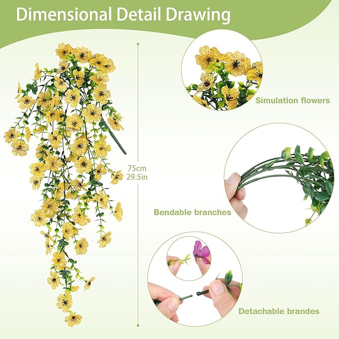 Artificial Hanging Flowers for Outdoors Faux Plants for Spring Summer Decoration,6 Bundles UV Resistant Realistic Silk Flowers Indoor Outside Garden Porch Patio Balcony Yard Farmhouse