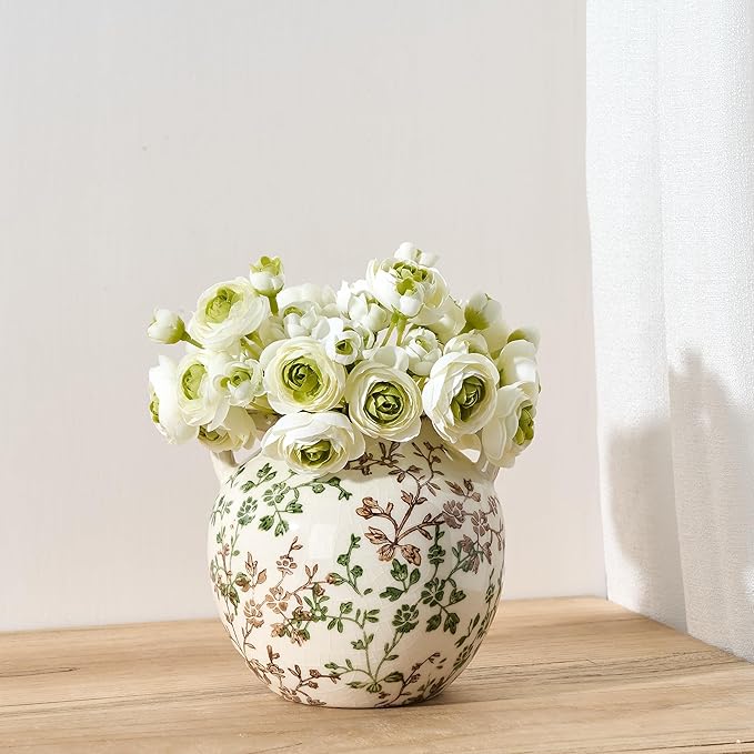 Green and Beige Antique Vase, 5.6 Inch Vintage Chinoiserie Floral Vase, Rustic Ceramic Vase for Home Decor, Living Room, Bookshelf, Office, Entryway, Garden, Chinoiserie Decor, Tuscan Decor