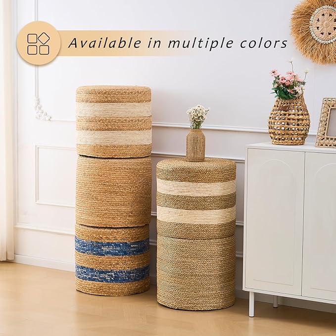 Handwoven Ottoman Pouf, Natural Seagrass Footstool, Round Braided Outdoor Seat with Sturdy Frame, Boho Accent Stool for Patio, Balcony, or Garden (Seagrass)