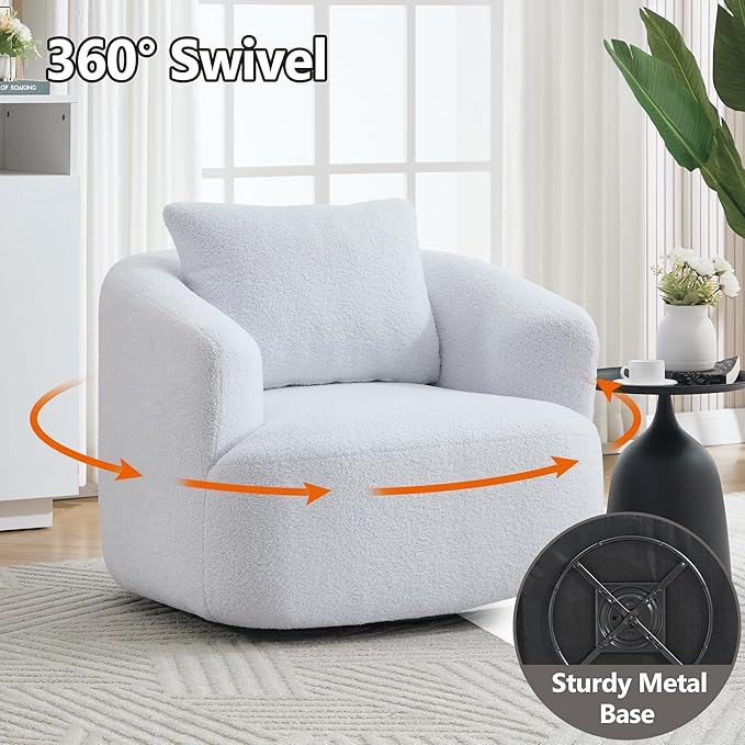 Swivel Accent Chair,360° Rotating Barrel Chair,Teddy Fleece High-Resilience Sponge Single Sofa, Easy Assembly for Living Room, Bedroom, Apartment White