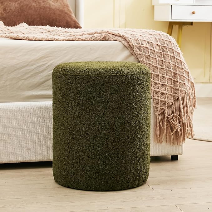 Modern Round Ottoman, Classic Foot Stool Ottoman, Teddy Fleece Upholstered Vanity Stool for Makeup, Bedroom, Living Room, Dark Green