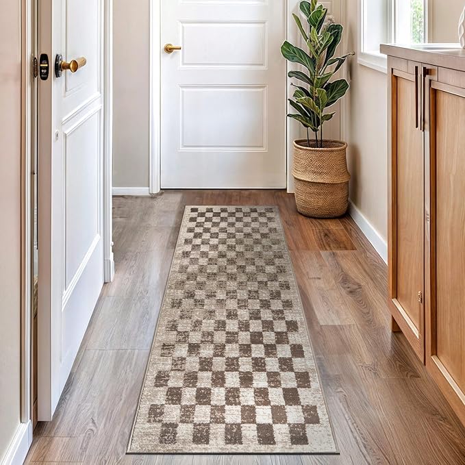 Rugshop Beige Checkered Area Rug – Textured Grid Pattern Carpet for Living Room, Bedroom, or Office – Neutral Contemporary Soft Floor Décor 2' 3" x 8' Runner Beige