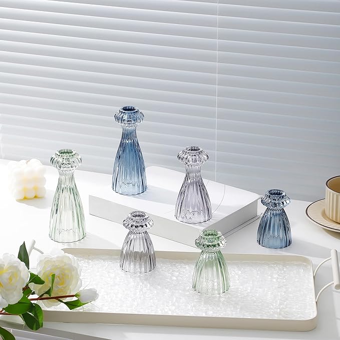 Lysenn Glass Candle Stick Holder Set of 6 – Premium Taper Candle Holders for Romantic Ambiance - Candle Sticks Holder Decor for Special Occasions - Green