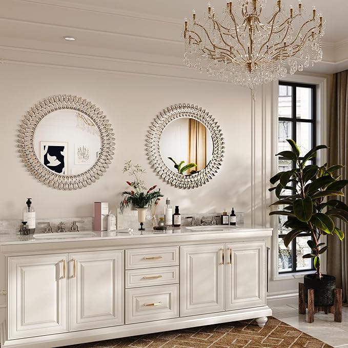 Kelly Miller Jeweled Mirror for Wall, 28 Inch Round Luxury Mirror with Sparkling Diamonds Beveled Modern Wall Decor for Bathroom, Living Room, Bedroom, Hallway