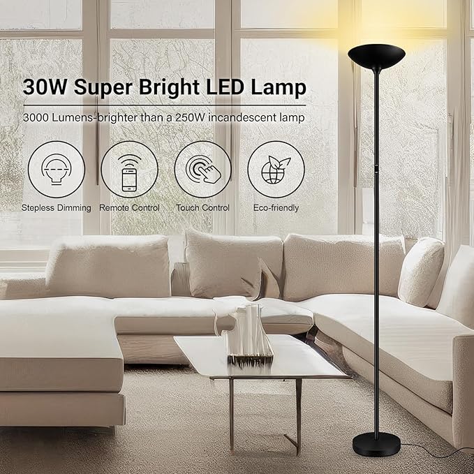 BoostArea Dimmable Floor Lamp,30W 3000LM Super Bright LED Torchiere Standing Lamp with Remote & Touch Control,71 in Tall Pole Sky Modern Floor Lamps for Living Room Bedroom Office,2700k-6500k,Black