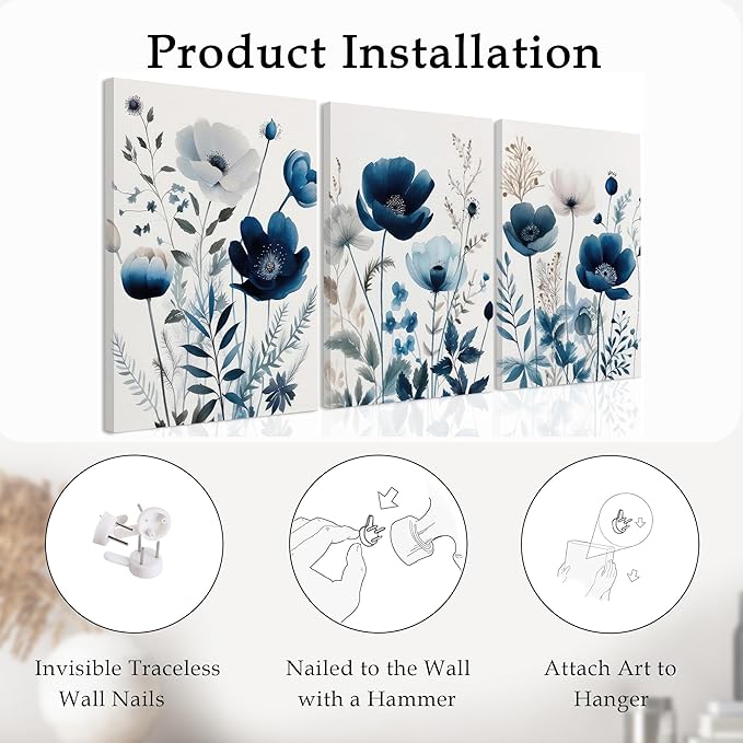 DUWQU 3 Pcs Blue Floral Canvas Wall Art, Elegant Navy Blue Wildflower Lily Daisy Art Wall Decor, Watercolor Botanical Flower Home Poster Art Prints for Living Room Bedroom Bathroom 16×24 Inches