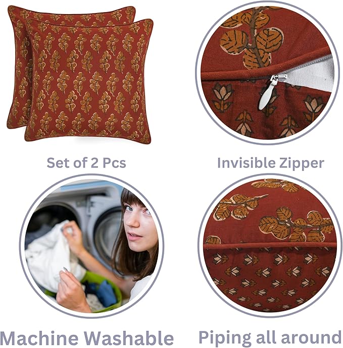 Ridhi Hand Block Print 20x20 Red Decorative Outdoor Couch Throw Canvas Pillow Cover Set of 2 Washable Modern Vintage Boho Chic Spring Home Decor GIFS Cover