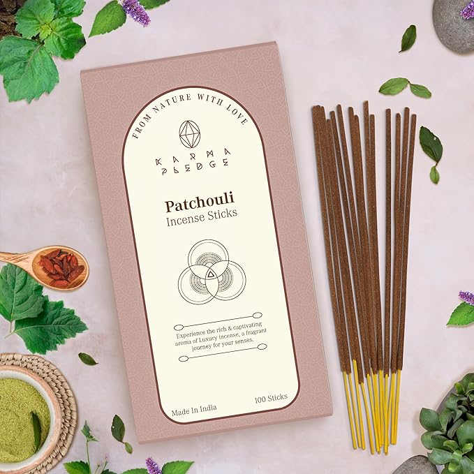 Patchouli Incense Sticks, Organic Hand Dipped 100 Sticks with Natural Herbs & Aromatic Ingredients, Burn Time 45 to 60 Minutes, Incense for Positivity, Yoga, Meditation, Relaxation, Spiritual Gift