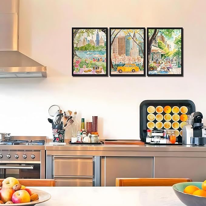 MUWAK Framed New York City Canvas Wall Art Set of 3 – Colorful NYC Skyline Central Park Yellow Taxi Posters, Modern Urban Landscape Wall Decor for Living Room Bedroom Office – 16x24in