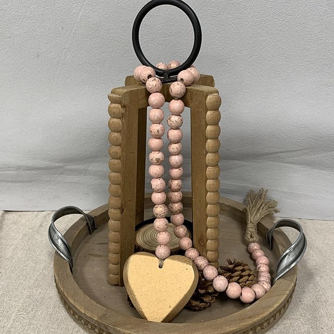 Fenisam 40" Handmade Farmhouse Bead Garland Wood with Tassel, Boho Chic Decorative String Beads Home Décor, Table Tiered Tray Country Wooden Accents (Rose Dawn Gold, Small)