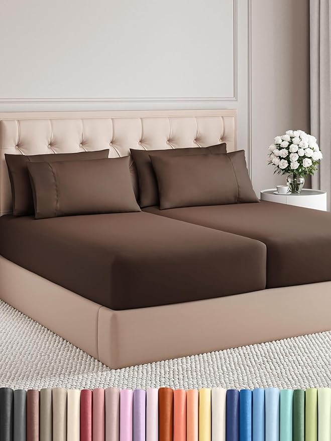 Split King Bed Sheet Set - 7 Piece Split King Bed Sheet Set - Soft Hotel Luxury Bedding - Cooling, Comfy & Breathable - 1 Flat & 1 Fitted & 4 Pillowcases w/ Deep Pockets - Wrinkle & Fade Free - Brown