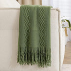 MIULEE Moss Green Knitted Throw Blanket for Couch Textured Knit Blanket with Tassels Cozy Woven Bed Blanket for Sofa Bed Chair Wave Pattern Spring Home Decor for All Seasons 50"x60"
