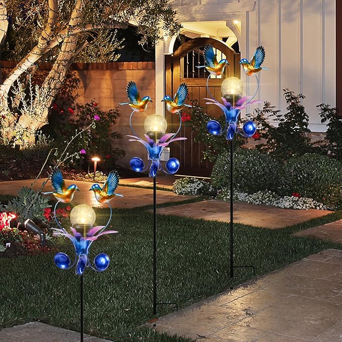 VCUTEKA Solar Lights Outdoor Metal Garden Stake Waterproof Crackle Glass Globe Garden Decor Blue Jay Bird for Pathway, Lawn, Patio, Yard