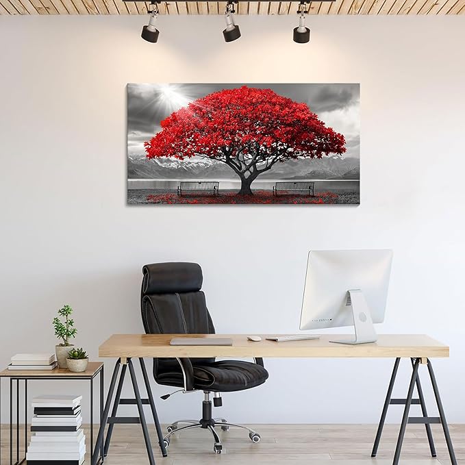 AJAZIKO Red Wall Art - Modern Framed Wall Art for Living Room - Red Tree Black and White Landscape Canvas Prints Posters & Prints for Home Office Bedroom Decorations - Large Wall Pictures 20×40IN