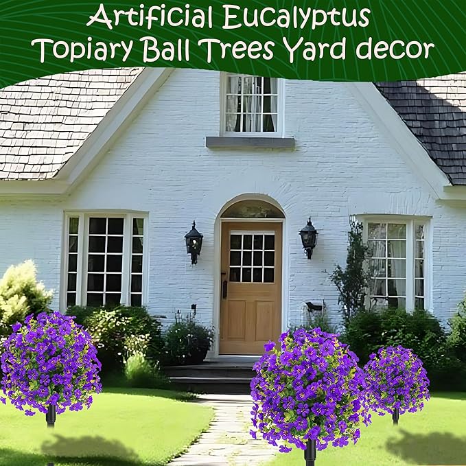 22.8" Set of 2 Fall Artificial Boxwood Topiary Ball Trees with Spikes,UV Resistant Fake Outdoor shrubs with Violet Flowers, Realistic Faux Plants Bushes for Garden Porch Yard Patio Decor(Purple)