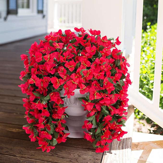 Artificial Bougainvillea Faux Flowers Plants Baskets for Outdoor Outside Summer Decoration, 3 PCS Fake Silk Long Hanging Vines UV Resistant Realistic for Front Door Porch Patio Balcony Yard, Red