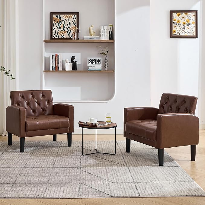 TYBOATLE Accent Chairs Set of 2 Comfy Living Room Chair Leather Tufted Mid Century Modern Accent Chair, Small Cozy Reading Arm Chair for Office, Bedroom (2, Brown)