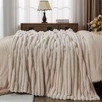 NEWCOSPLAY Faux Fur Throw Blanket Linen 3D Ribbed Plush Thick Warm Blanket for Couch Sofa Bed 850GSM (Linen Ribbed, Throw(50"x60"))