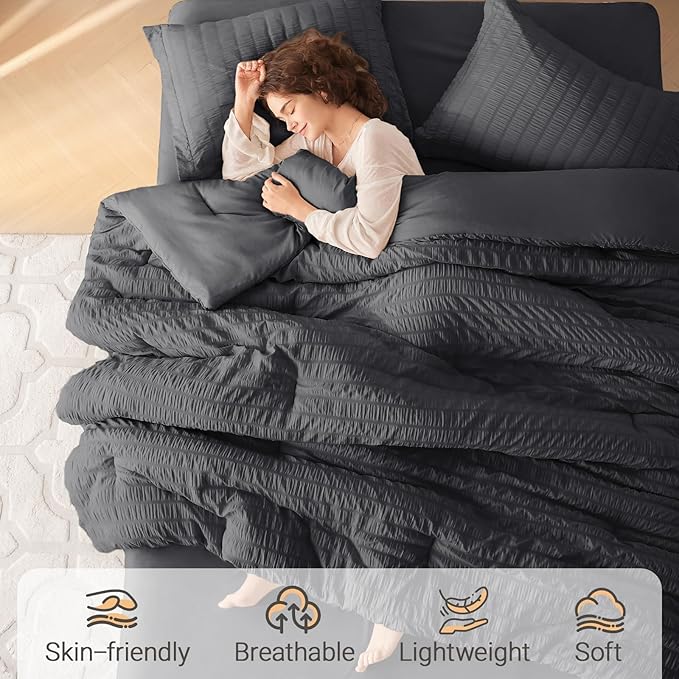 MUXHOMO 7 Pieces Full Comforter Set, Seersucker Bed in a Bag Full Size, All Season Luxury Bedding Set with Comforter, Flat Sheet, Fitted Sheet, Pillowcases & Shams, Dark Grey