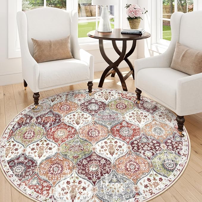 Lahome Moroccan Trellis Round Area Rugs, Washable Small Round Rug 3ft Non-Slip, Soft Vintage Ultra-Thin Circle Carpet for Bedroom Entryway Kitchen Laundry Bathroom, Orange/Terracotta