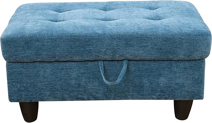 Ottoman Rectangular Storage Ottoman Bench, Flannel Footrest Stool Footstool with Lid for Living Room, Bedroom, Entryway, Blue, 34"x22.8"x17.5"