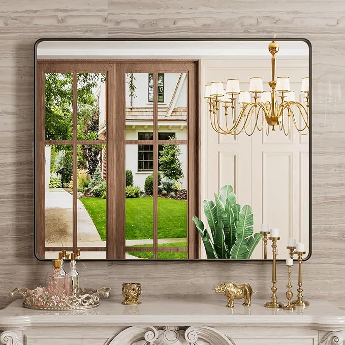 Black Bathroom Mirror 40X36 Inch, Black Metal Framed Mirror for Wall, Rounded Rectangle Matte Bathroom Vanity Mirror with Tempered Glass, Anti-Rust, Horizontal/Vertical