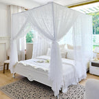 AIKASY Elegant Lace Princess 4-Poster Bed Canopy Mosquito Net - Romantic Wedding Bridal Bedroom Decor, Kids Room Bed Curtain for Women Adults - (White-3,Twin)