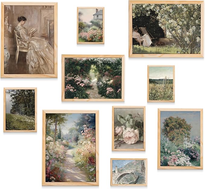 Cottagecore Decor Natural Oak Framed Pictures, 10 pcs of Vintage Wall Art Decor, Vintage Wall Decor Aesthetic Landscape Prints for Room Decoration