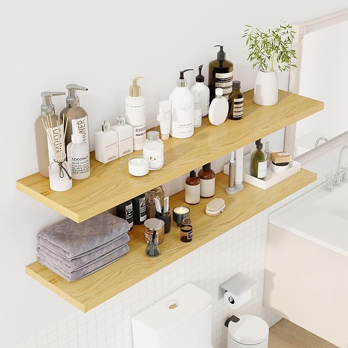 Dreamland 55" Floating Shelves for Wall, 12" Deep Slim Oak Floating Shelves, Wall-Mounted Shelves for Bedroom, Living Room, Kitchen, Bathroom - Set of 2