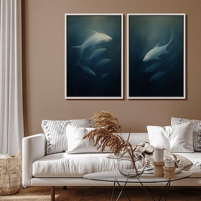 SIGNFORD Framed Canvas Print Wall Art Set Deep Sea Fish Serene Underwater Life in Dark Tones Illustration Modern Art Decorative Nordic Nature for Living Room, Bedroom, Office - 16"x24"x2 White
