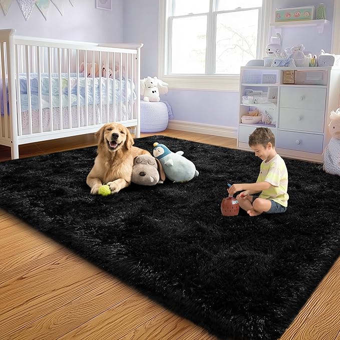Soft Plush Shag Rug 5x7, Ultra Fluffy Rug for Living Room Bedroom, Non-Slip Fuzzy Large Area Rug for Living Room, Carpet for Girl Boy Kids, Modern Indoor Home Decor Aesthetic, Black
