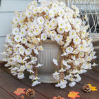 Fake Mums Artificial Fall Hanging Flowers for Outdoors Decoration, 2 PCS Faux Silk Morning Glory with Bown Eucalyptus UV Resistant Plants for Wall Home Porch Patio Balcony Yard Indoor Decor (White)