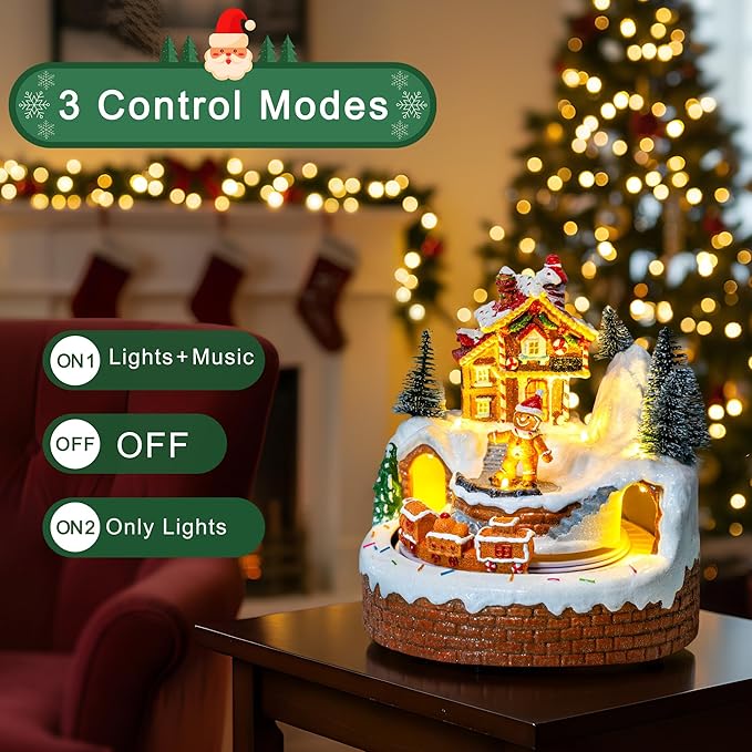 Animated Musical Christmas Village Figurines - Gingerbread House Building and Gingerbread Man with Train, LED Lights & Music - Battery or USB Powered and Home Collection Decorations