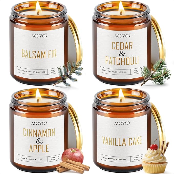 AOOVOO Candle Set - 4PC Scented Candles, 28 oz Soy Candles, Soy Candle for Home Scented, Balsam Fir/Cedar&Patchouli/Cinnamon&Apple/Vanilla Cake