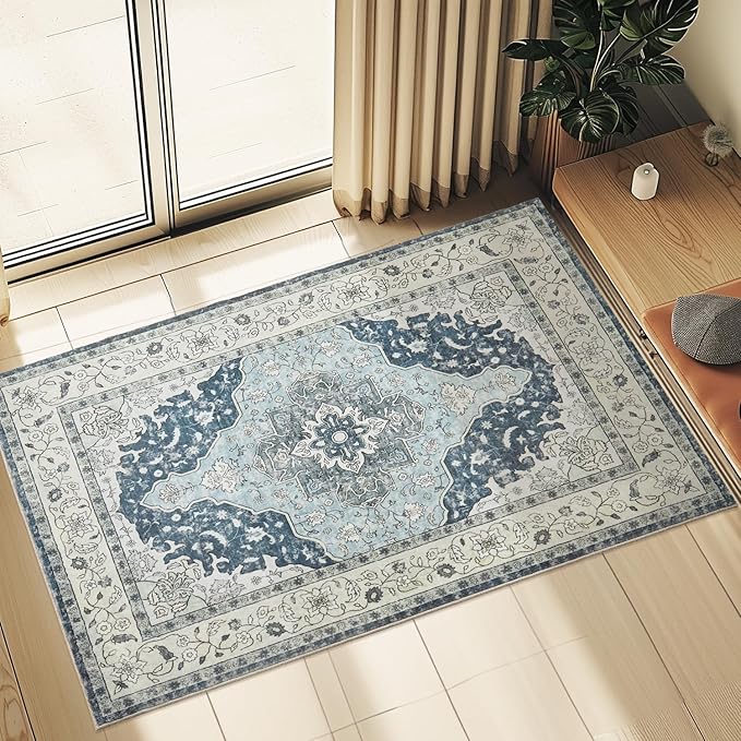 Topllen Washable Area Rug - 3'x5' Boho Bedroom Rug Indoor, Non-Slip Low-Pile Rugs for Living Room Bathroom Kitchen Front Door, Entry Throw Carpet Stain Resistance (Blue, 3x5ft)